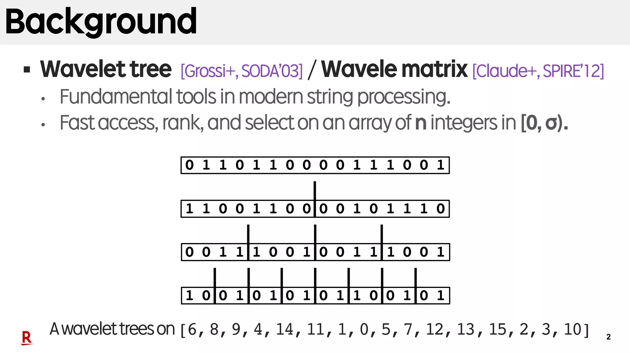 2
Background
§ Wavelet tree [Grossi+,SODA’03] / Wavele matrix [Claude+,SPIRE’12]
• Fundamentaltoolsinmodernstringprocessing.
• Fastaccess,rank,andselectonanarrayofnintegersin[0,σ).
10 1 1 0 1 1 000 10 10 01
11 0 01 1 0100 11 00 0 1
1 0 100 01 1 00 0 11 1 10
00 101 10 1 10 1 01 00 1
Awavelettreeson[6,8,9,4,14,11,1,0,5,7,12,13,15,2,3,10]
 