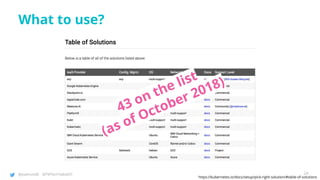 @joatmon08 @TWTechTalksNYC
What to use?
https://kubernetes.io/docs/setup/pick-right-solution/#table-of-solutions
24
43 on the list
(as of October 2018)
 