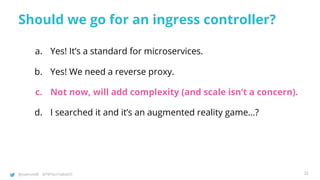 @joatmon08 @TWTechTalksNYC
Should we go for an ingress controller?
a. Yes! It’s a standard for microservices.
b. Yes! We need a reverse proxy.
c. Not now, will add complexity (and scale isn’t a concern).
d. I searched it and it’s an augmented reality game…?
33
 