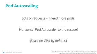 @joatmon08 @TWTechTalksNYC
Pod Autoscaling
https://kubernetes.io/docs/tasks/run-application/horizontal-pod-autoscale-walkthrough/
https://kubernetes.io/docs/tasks/run-application/horizontal-pod-autoscale
Lots of requests = I need more pods.
Horizontal Pod Autoscaler to the rescue!
(Scale on CPU by default.)
53
 