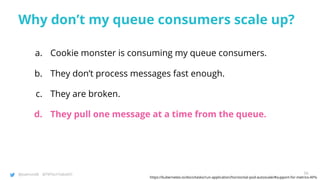 @joatmon08 @TWTechTalksNYC
Why don’t my queue consumers scale up?
a. Cookie monster is consuming my queue consumers.
b. They don’t process messages fast enough.
c. They are broken.
d. They pull one message at a time from the queue.
https://kubernetes.io/docs/tasks/run-application/horizontal-pod-autoscale/#support-for-metrics-APIs
56
 