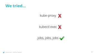 @joatmon08 @TWTechTalksNYC
We tried...
kube-proxy
kubectl exec
jobs, jobs, jobs
63
 
