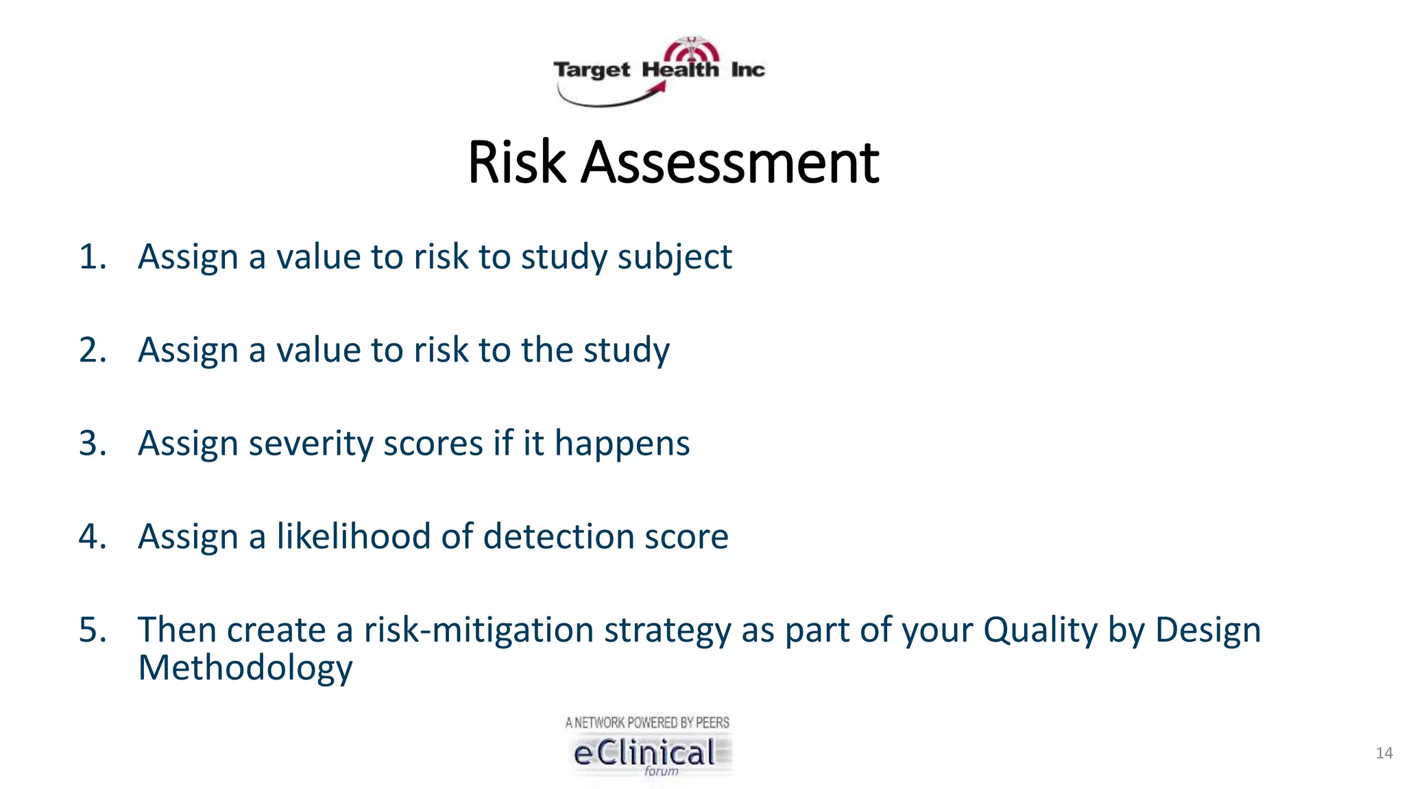 Risk Assessment
1. Assign a value to risk to study subject
2. Assign a value to risk to the study
3. Assign severity scores if it happens
4. Assign a likelihood of detection score
5. Then create a risk-mitigation strategy as part of your Quality by Design
Methodology
14
 