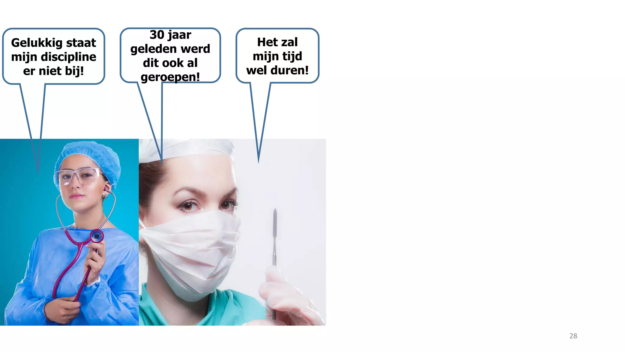 28
Gelukkig staat
mijn discipline
er niet bij!
30 jaar
geleden werd
dit ook al
geroepen!
Het zal
mijn tijd
wel duren!
 