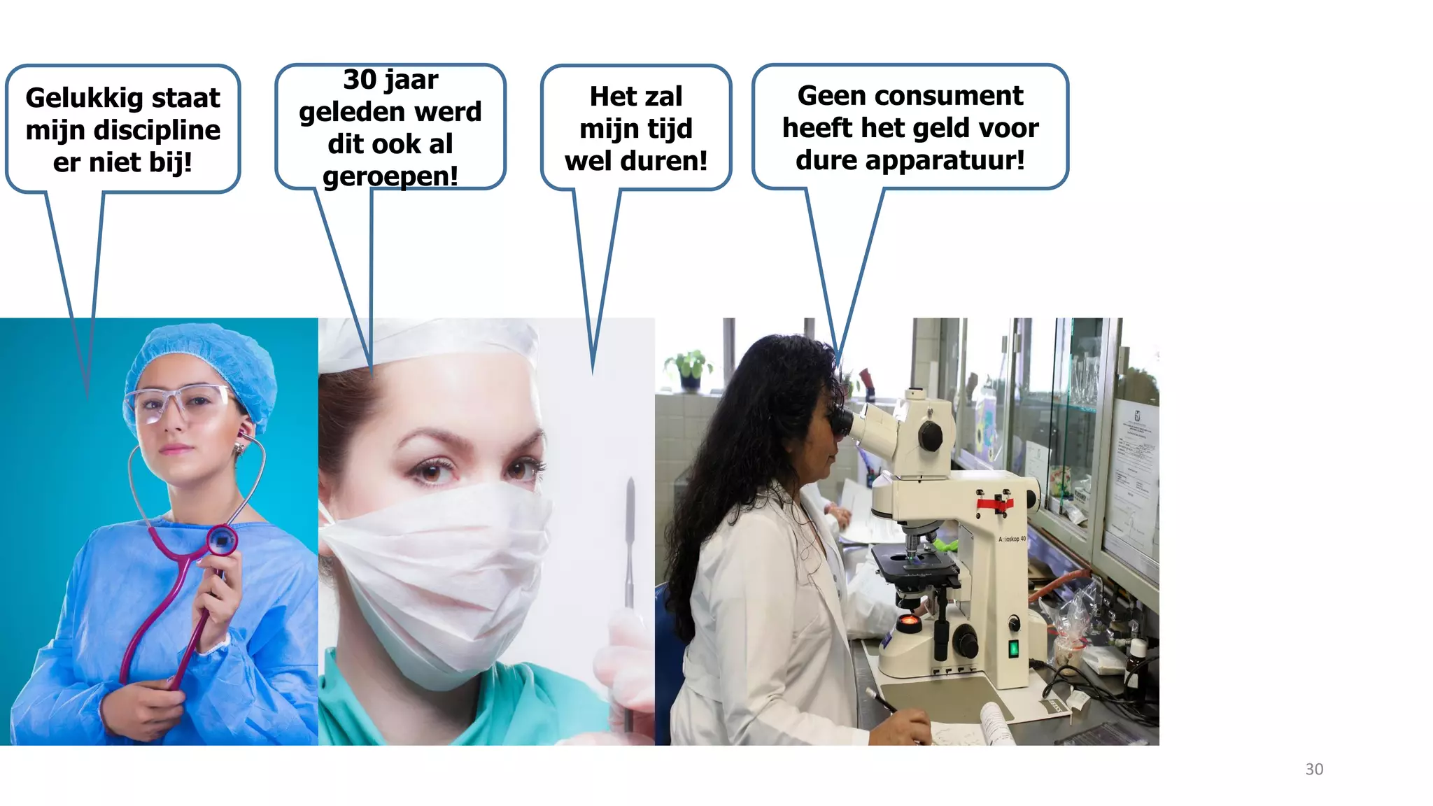 30
Gelukkig staat
mijn discipline
er niet bij!
30 jaar
geleden werd
dit ook al
geroepen!
Het zal
mijn tijd
wel duren!
Geen consument
heeft het geld voor
dure apparatuur!
 