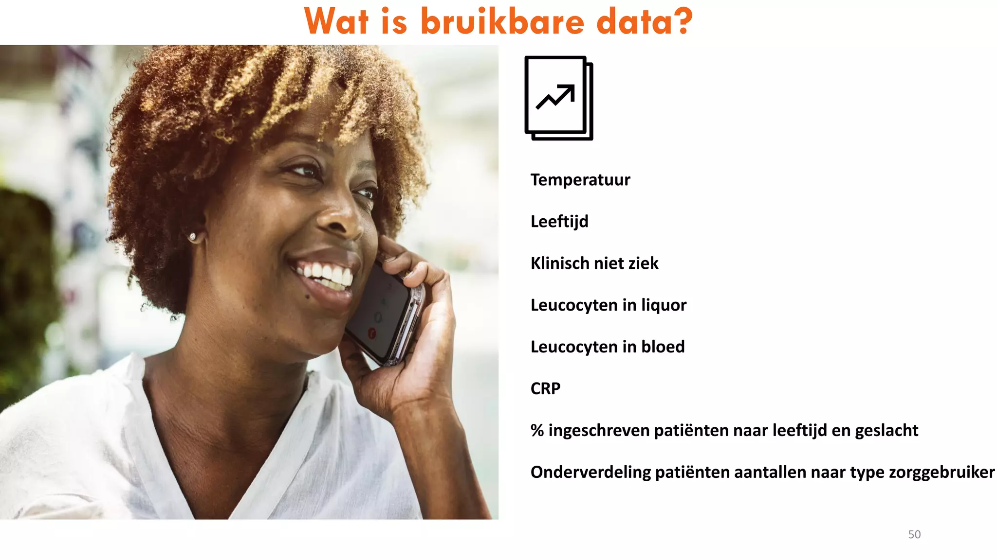 50
Wat is bruikbare data?
Temperatuur
Leeftijd
Klinisch niet ziek
Leucocyten in bloed
Leucocyten in liquor
CRP
% ingeschreven patiënten naar leeftijd en geslacht
Onderverdeling patiënten aantallen naar type zorggebruiker
 