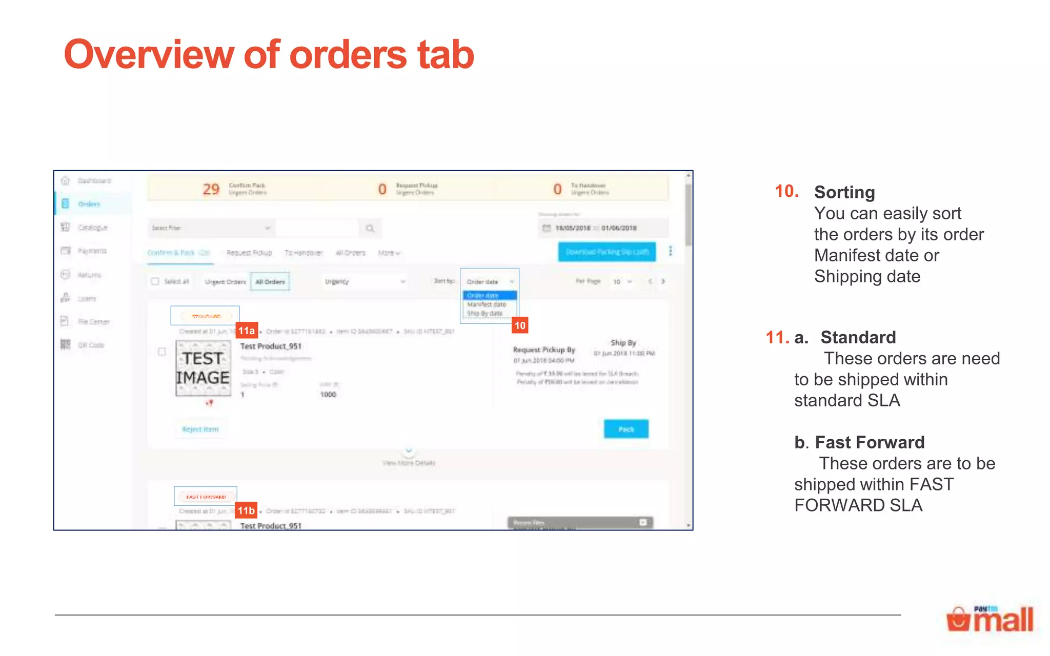 Sorting
You can easily sort
the orders by its order
Manifest date or
Shipping date
Overview of orders tab
10.
11.
10
a. Standard
These orders are need
to be shipped within
standard SLA
b. Fast Forward
These orders are to be
shipped within FAST
FORWARD SLA
11a
11b
 