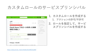 カスタムロールのサービスプリンシパル
1. カスタムロールを作成する
1. アクションの許可/不許可
2. ロールを指定して、サービ
スプリンシパルを作成する
https://qiita.com/dz_/items/fee9ec42ec9051d1a9b9
 