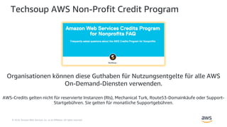 © 2018, Amazon Web Services, Inc. or its Affiliates. All rights reserved.
Techsoup AWS Non-Profit Credit Program
Organisationen können diese Guthaben für Nutzungsentgelte für alle AWS
On-Demand-Diensten verwenden.
AWS-Credits gelten nicht für reservierte Instanzen (RIs), Mechanical Turk, Route53-Domainkäufe oder Support-
Startgebühren. Sie gelten für monatliche Supportgebühren.
 