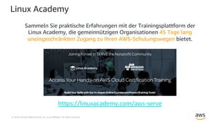 © 2018, Amazon Web Services, Inc. or its Affiliates. All rights reserved.
Linux Academy
https://linuxacademy.com/aws-serve
Sammeln Sie praktische Erfahrungen mit der Trainingsplattform der
Linux Academy, die gemeinnützigen Organisationen 45 Tage lang
uneingeschränkten Zugang zu Ihren AWS-Schulungswegen bietet.
 