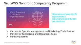 © 2018, Amazon Web Services, Inc. or its Affiliates. All rights reserved.
Neu: AWS Nonprofit Competency Programm
• Partner für Spendermanagement und Marketing-Tools Partner
• Partner für Fundraising und Operations Tools
• Beratungspartner
https://aws.amazon.com/d
e/government-
education/nonprofits/part
ner-solutions/
 