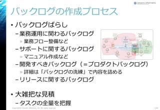 バックログの作成プロセス
• バックログばらし
–業務運用に関わるバックログ
» 業務フロー整備など
–サポートに関するバックログ
» マニュアル作成など
–開発すべきバックログ（＝プロダクトバックログ）
» 詳細は「バックログの洗練」で内容を詰める
–リリースに関するバックログ
• 大雑把な見積
–タスクの全量を把握
120Copyright© Growth xPartners, Inc. All rights reserved.
②
 