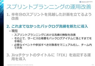 スプリントプランニングの運用改善
1. 半年分のスプリントを見越した計画を立てるよう
改善
2. これまでなかったバックログ洗練を新たに導入
– 現在
» スプリントプランニングにおける洗練の無駄を改善
» その上で、サービス仕様書をバックログアイテムに落とすまでを
手順化
» 必要なイベントや参加すべき対象者をマニュアル化し、チーム内
で共有
3. Jiraチケットのタイトルに「FIX」を追記する運
用を導入
131Copyright© Growth xPartners, Inc. All rights reserved.
 