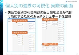 個人別の進捗の可視化 実際の画面
• 朝会で個別の報告内容の妥当性を全員が判断
可能にするためのJiraダッシュボードを整備
Copyright© Growth xPartners, Inc. All rights reserved. 145
開発メンバーA
開発メンバーB
開発メンバーC
開発メンバーD
 