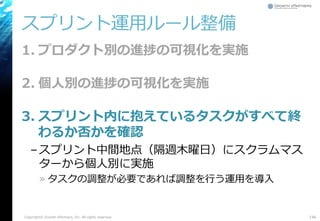 スプリント運用ルール整備
1. プロダクト別の進捗の可視化を実施
2. 個人別の進捗の可視化を実施
3. スプリント内に抱えているタスクがすべて終
わるか否かを確認
–スプリント中間地点（隔週木曜日）にスクラムマス
ターから個人別に実施
» タスクの調整が必要であれば調整を行う運用を導入
146Copyright© Growth xPartners, Inc. All rights reserved.
 