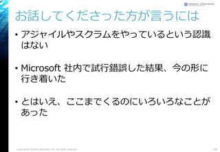 お話してくださった方が言うには
• アジャイルやスクラムをやっているという認識
はない
• Microsoft 社内で試行錯誤した結果、今の形に
行き着いた
• とはいえ、ここまでくるのにいろいろなことが
あった
Copyright© Growth xPartners, Inc. All rights reserved. 156
 