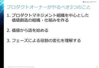 プロダクトオーナーがやるべき3つのこと
1. プロダクトマネジメント組織を中心とした
価値創造の組織・仕組みを作る
2. 価値から話を始める
3. フェーズによる役割の変化を理解する
Copyright© Growth xPartners, Inc. All rights reserved. 162
 