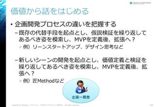 価値から話をはじめる
• 企画開発プロセスの違いを把握する
–既存の代替手段を起点とし、仮説検証を繰り返して
あるべき姿を模索し、MVPを定義後、拡張へ？
» 例）リーンスタートアップ、デザイン思考など
–新しいシーンの開発を起点とし、価値定義と検証を
繰り返してあるべき姿を模索し、MVPを定義後、拡
張へ？
» 例）匠Methodなど
164Copyright© POStudy ～アジャイル・プロダクトマネジメント研究会～. All rights reserved.
企画～開発
 
