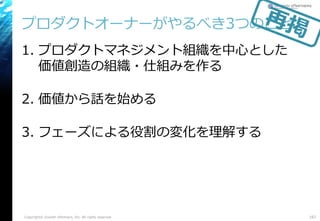 プロダクトオーナーがやるべき3つのこと
1. プロダクトマネジメント組織を中心とした
価値創造の組織・仕組みを作る
2. 価値から話を始める
3. フェーズによる役割の変化を理解する
Copyright© Growth xPartners, Inc. All rights reserved. 167
 