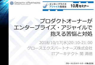 プロダクトオーナーが
エンタープライズ・アジャイルで
抱える苦悩と対処
2018/10/17(水)20:10-21:00
グロースエクスパートナーズ株式会社
ITアーキテクト 関 満徳
 
