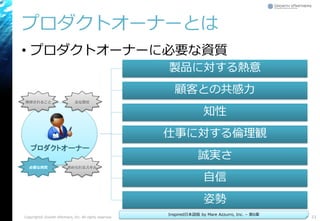 プロダクトオーナーとは
• プロダクトオーナーに必要な資質
Copyright© Growth xPartners, Inc. All rights reserved. 23
製品に対する熱意
顧客との共感力
知性
仕事に対する倫理観
誠実さ
自信
姿勢
プロダクトオーナー
Inspired日本語版 by Mare Azzurro, Inc. – 第6章
求められるスキル必要な資質
主な責任期待されること
 