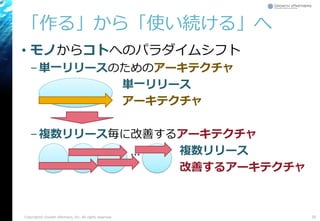 「作る」から「使い続ける」へ
• モノからコトへのパラダイムシフト
–単一リリースのためのアーキテクチャ
単一リリース
アーキテクチャ
–複数リリース毎に改善するアーキテクチャ
複数リリース
改善するアーキテクチャ
Copyright© Growth xPartners, Inc. All rights reserved. 35
…
 