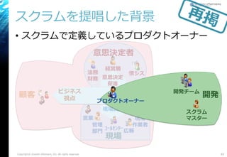 スクラムを提唱した背景
• スクラムで定義しているプロダクトオーナー
Copyright© Growth xPartners, Inc. All rights reserved. 83
経営層
情シス
営業
広報ｺｰﾙｾﾝﾀｰ
現場
作業者管理
部門
法務
財務
顧客
意思決定
促進
現場調整
Dev/Ops
視点
ビジネス
視点
意思決定者
現場
スクラム
マスター
開発チーム
開発
プロダクトオーナー
 