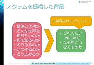 スクラムを提唱した背景
Copyright© Growth xPartners, Inc. All rights reserved. 94酒井 崇男 氏 Agile・Leanの源流と課題 ： https://leanx.jp/agile-lean-genuine-toyota-way/
• 価値とは何か
• どんな世界を
創りたいのか
• 何を創るのか
• どう作るのか
• いつ作るのか
• どう広めるか
• どれくらい
作れたか
• ムダをどう
なくすのか
IT業界向けにアレンジ！
 