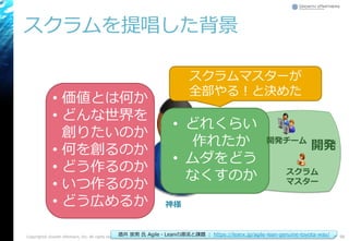 スクラムを提唱した背景
Copyright© Growth xPartners, Inc. All rights reserved. 96
• 価値とは何か
• どんな世界を
創りたいのか
• 何を創るのか
• どう作るのか
• いつ作るのか
• どう広めるか
• どれくらい
作れたか
• ムダをどう
なくすのか
スクラムマスターが
全部やる！と決めた
スクラム
マスター
開発チーム
開発
酒井 崇男 氏 Agile・Leanの源流と課題 ： https://leanx.jp/agile-lean-genuine-toyota-way/
神様
 