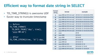 © 2018 Arm Limited13
Efficient way to format date string in SELECT
• TD_TIME_STRING() is awesome UDF
• Easier way to truncate timestamp
format
string
format example
y yyyy-MM-dd HH:mm:ssZ 2018-01-01 00:00:00+0700
q yyyy-MM-dd HH:mm:ssZ 2018-04-01 00:00:00+0700
M yyyy-MM-dd HH:mm:ssZ 2018-09-01 00:00:00+0700
w yyyy-MM-dd HH:mm:ssZ 2018-09-09 00:00:00+0700
d yyyy-MM-dd HH:mm:ssZ 2018-09-13 00:00:00+0700
h yyyy-MM-dd HH:mm:ssZ 2018-09-13 16:00:00+0700
m yyyy-MM-dd HH:mm:ssZ 2018-09-13 16:45:00+0700
s yyyy-MM-dd HH:mm:ssZ 2018-09-13 16:45:34+0700
y! yyyy 2018
q! yyyy-MM 2018-04
M! yyyy-MM 2018-09
w! yyyy-MM-dd 2018-09-09
d! yyyy-MM-dd 2018-09-13
h! yyyy-MM-dd HH 2018-09-13 16
m! yyyy-MM-dd HH:mm 2018-09-13 16:45
s! yyyy-MM-dd HH:mm:ss 2018-09-13 16:45:34
—- Before
TD_TIME_FORMAT(
TD_DATE_TRUNC('day', time),
'yyyy-MM-dd')
—- After
TD_TIME_STRING(time, 'd!') day,
 