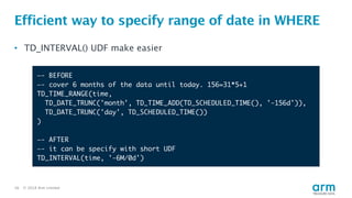 © 2018 Arm Limited16
Efficient way to specify range of date in WHERE
• TD_INTERVAL() UDF make easier
—- BEFORE
—- cover 6 months of the data until today. 156=31*5+1
TD_TIME_RANGE(time,
TD_DATE_TRUNC('month', TD_TIME_ADD(TD_SCHEDULED_TIME(), '-156d')),
TD_DATE_TRUNC('day', TD_SCHEDULED_TIME())
)
—- AFTER
—- it can be specify with short UDF
TD_INTERVAL(time, '-6M/0d')
 
