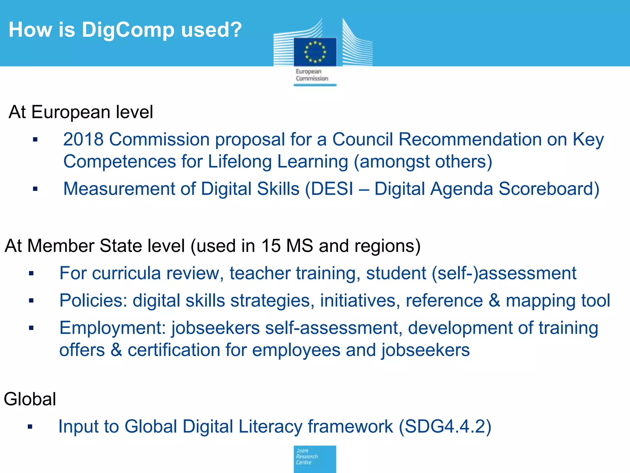 At European level
▪ 2018 Commission proposal for a Council Recommendation on Key
Competences for Lifelong Learning (amongst others)
▪ Measurement of Digital Skills (DESI – Digital Agenda Scoreboard)
How is DigComp used?
At Member State level (used in 15 MS and regions)
▪ For curricula review, teacher training, student (self-)assessment
▪ Policies: digital skills strategies, initiatives, reference & mapping tool
▪ Employment: jobseekers self-assessment, development of training
offers & certification for employees and jobseekers
Global
▪ Input to Global Digital Literacy framework (SDG4.4.2)
 