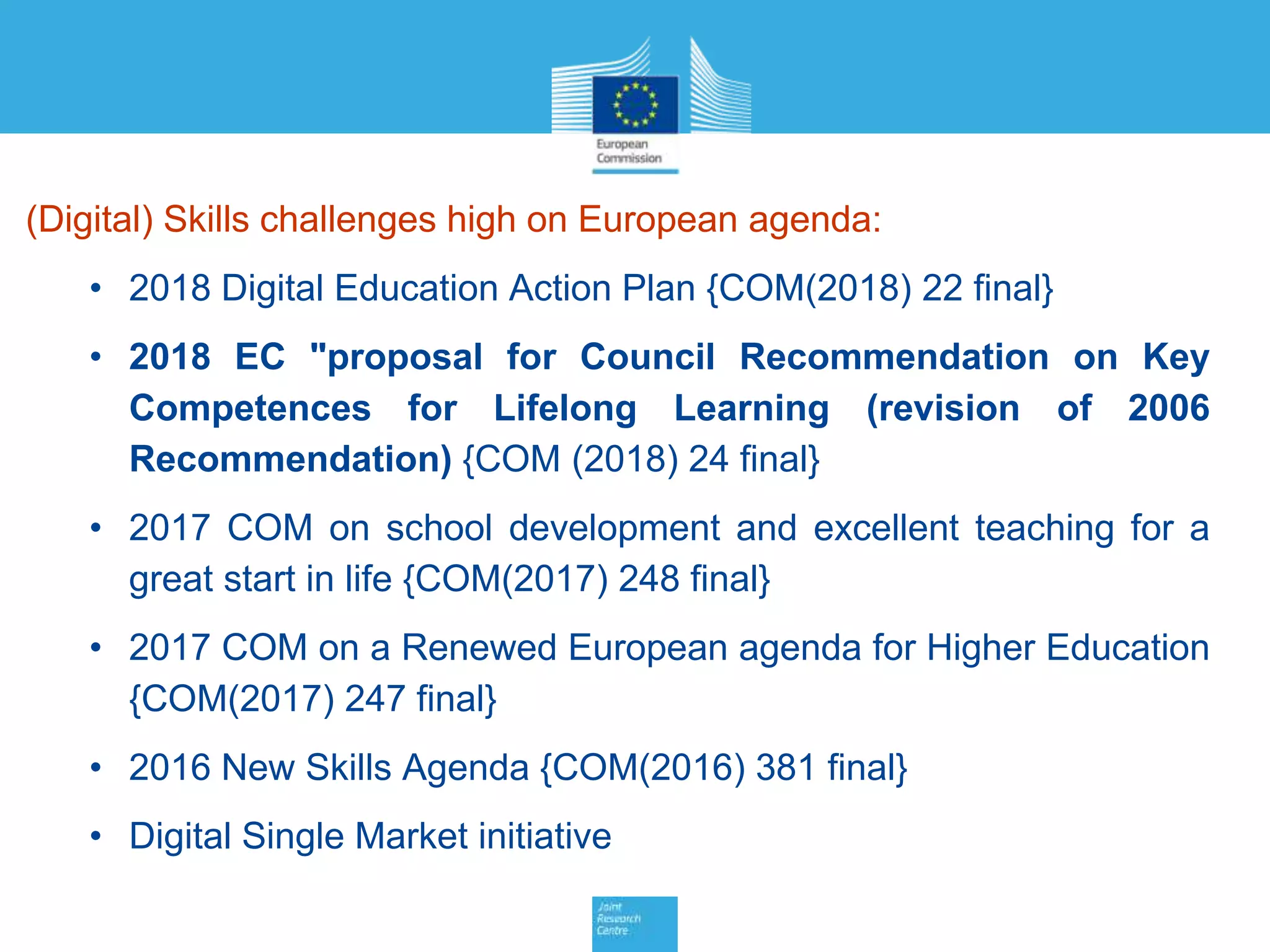 (Digital) Skills challenges high on European agenda:
• 2018 Digital Education Action Plan {COM(2018) 22 final}
• 2018 EC "proposal for Council Recommendation on Key
Competences for Lifelong Learning (revision of 2006
Recommendation) {COM (2018) 24 final}
• 2017 COM on school development and excellent teaching for a
great start in life {COM(2017) 248 final}
• 2017 COM on a Renewed European agenda for Higher Education
{COM(2017) 247 final}
• 2016 New Skills Agenda {COM(2016) 381 final}
• Digital Single Market initiative
 
