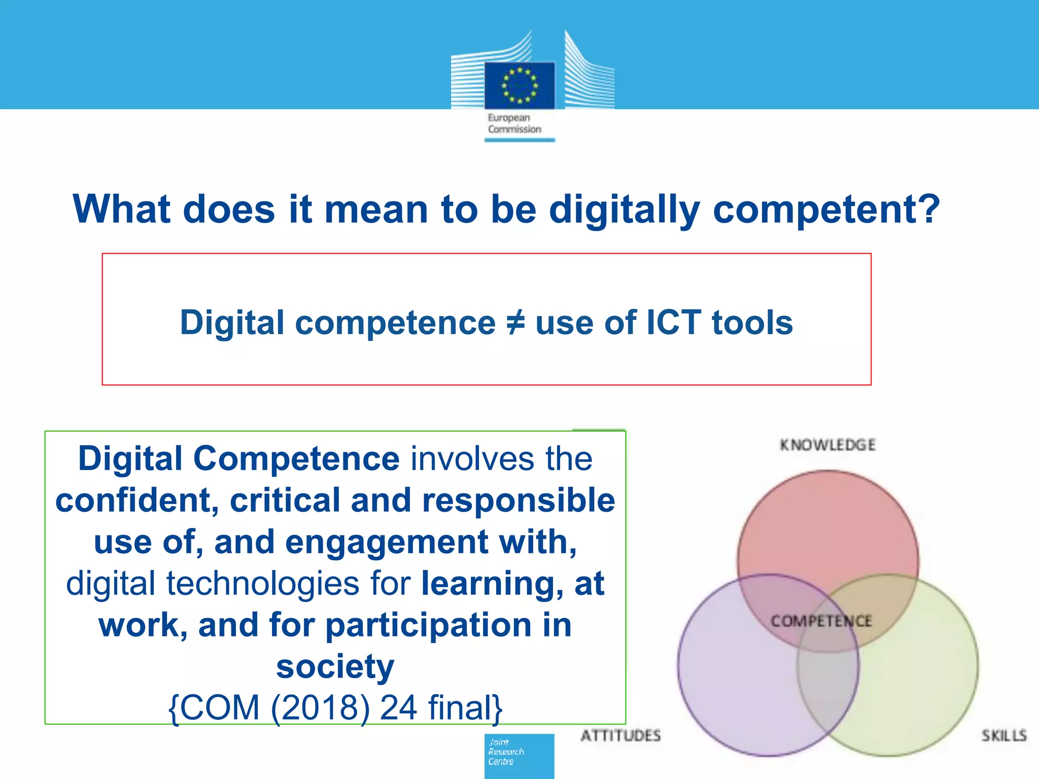 What does it mean to be digitally competent?
Digital competence ≠ use of ICT tools
Digital Competence involves the
confident, critical and responsible
use of, and engagement with,
digital technologies for learning, at
work, and for participation in
society
{COM (2018) 24 final}
 
