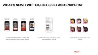 WHAT’S NEW: TWITTER, PINTEREST AND SNAPCHAT
Google launched Cameos, a video Q&A
app for celebs and public figures. Source
...