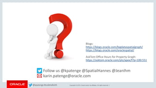 Copyright © 2018, Oracle and/or its affiliates. All rights reserved. |
Follow us @kpatenge @SpatialHannes @JeanIhm
karin.patenge@oracle.com
@kpatenge #codetalkshh
Blogs:
https://blogs.oracle.com/bigdataspatialgraph/
https://blogs.oracle.com/oraclespatial/
AskTom Office Hours for Property Graph:
https://asktom.oracle.com/pls/apex/f?p=100:551
 