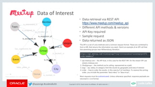 Copyright © 2018, Oracle and/or its affiliates. All rights reserved. |
Data of Interest
• Data retrieval via REST API
https://www.meetup.com/meetup_api
• Different API methods & versions
• API Key required
• Sample request
• Data returned as JSON
@kpatenge #codetalkshh
Direct relations not (yet) analyzed
is_interested_in
is_member_of
is_assigned_to
has_registered_for
is_located_in
is_located_in
takes_place_at
Venue
 