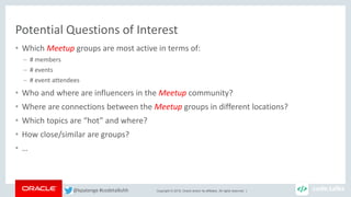 Copyright © 2018, Oracle and/or its affiliates. All rights reserved. |
Potential Questions of Interest
• Which Meetup groups are most active in terms of:
– # members
– # events
– # event attendees
• Who and where are influencers in the Meetup community?
• Where are connections between the Meetup groups in different locations?
• Which topics are “hot” and where?
• How close/similar are groups?
• …
@kpatenge #codetalkshh
 