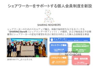 シェアワーカーのためのスキルアップ機会、保険や福利厚生などをカバーする
「SHARING Benefit（シェアリングベネフィット）」の提供、および制度改正や法整
備等にシェアワーカーの意見や要望を社会に発信を目的とした個人会員制度を新設
2018年9月7日_設立記者会見
18
シェアワーカーをサポートする個人会員制度を新設
 