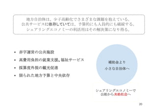 • 赤字運営の公共施設
• 高費用負担の就業支援、福祉サービス
• 採算度外視の観光促進
• 限られた地方予算と中央依存
シェアリングエコノミーで
公助から共助社会へ
補助金より
小さな自治体へ
地方自治体は、少子高齢化でさまざまな課題を抱えている。
公共サービスに依存していては、予算的にも人員的にも破綻する。
シェアリングエコノミーの利活用はその解決策になり得る。
20
 