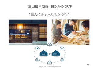 “職人に弟子入りできる宿”
富山県南砺市 BED	AND	CRAF
43
 