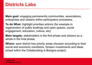 Districts Labs
The Labs will focus
on the regeneration
of public buildings that,
in some cases, have
a high simbolic value...