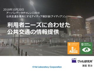 2018年10月20日
アーバンデータチャレンジ2018
公共交通を便利にするアイディア検討会(アイディアソン)
利用者ニーズに合わせた
公共交通の情報提供
諸星 賢治
 