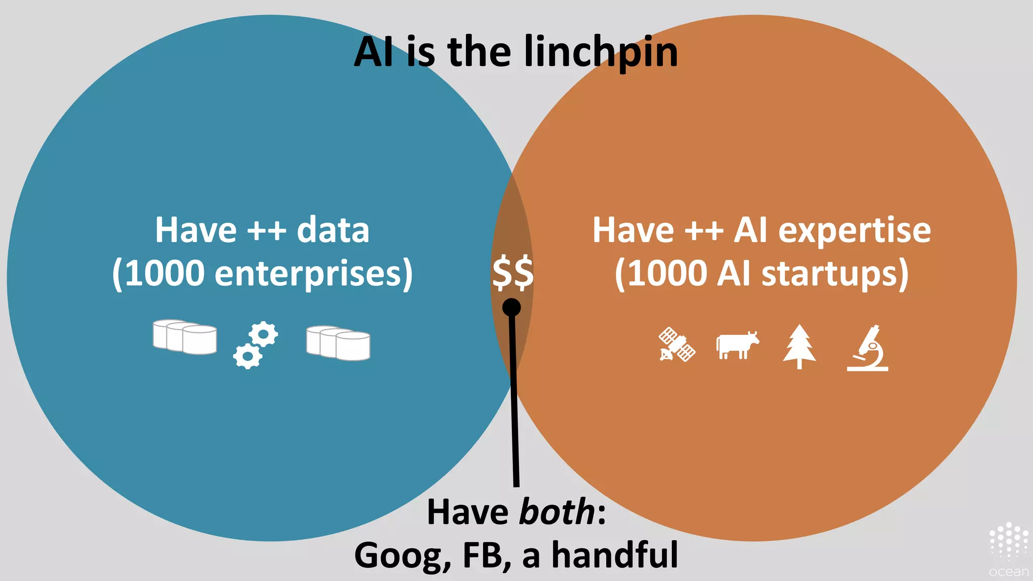 Have both:
Goog, FB, a handful
$$
Have ++ data
(1000 enterprises)
Have ++ AI expertise
(1000 AI startups)
AI is the linchpin
 