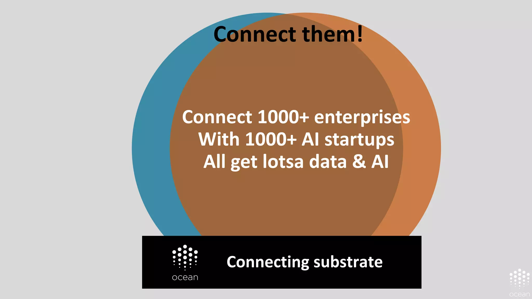 Connect 1000+ enterprises
With 1000+ AI startups
All get lotsa data & AI
Connecting substrate
Connect them!
 