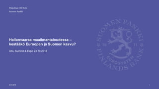 Suomen Pankki
Hallanvaaraa maailmantaloudessa –
kestääkö Euroopan ja Suomen kasvu?
AKL Summit & Expo 23.10.2018
Pääjohtaja Olli Rehn
23.10.2018 1
 
