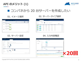 Copyright 2018 FUJITSU CLOUD TECHNOLOGIES LIMITED
API のメリット (1)
◼ コンパネから 20 台サーバーを作成したい
4
01. イメージ選択 02. サーバータイプ選択
03. サーバー設定 04. 入力内容確認
×20回
 