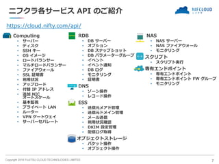 Copyright 2018 FUJITSU CLOUD TECHNOLOGIES LIMITED
ニフクラ各サービス API のご紹介
◼ Computing
• サーバー
• ディスク
• SSH キー
• OS イメージ
• ロードバランサー
• マルチロードバランサー
• ファイアウォール
• SSL 証明書
• 利用状況
• アップロード
• 付替 IP アドレス
• 追加 NIC
オートスケール
• 基本監視
• プライベート LAN
• ルーター
• VPN ゲートウェイ
• サーバーセパレート
7
◼ NAS
• NAS サーバー
• NAS ファイアウォール
• モニタリング
◼ スクリプト
• スクリプト実行
◼ 専有エンドポイント
• 専有エンドポイント
• 専有エンドポイント FW グループ
• モニタリング
◼ RDB
• DB サーバー
• オプション
• DB スナップショット
• DB パラメーターグループ
• イベント
• イベント通知
• DB ログ
• モニタリング
• 証明書
◼ DNS
• ゾーン操作
• レコード操作
◼ ESS
• 送信元メアド管理
• 送信元ドメイン管理
• メール送信
• 利用状況確認
• DKIM 設定管理
• 配信ログ取得
◼ オブジェクトストレージ
• バケット操作
• オブジェクト操作
https://cloud.nifty.com/api/
 