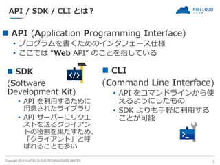 Copyright 2018 FUJITSU CLOUD TECHNOLOGIES LIMITED
API / SDK / CLI とは？
◼ API (Application Programming Interface)
• プログラムを書く...