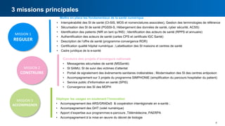 4
MISSION 1
REGULER
MISSION 2
CONSTRUIRE
MISSION 3
ACCOMPAGNER
Conduire des projets d’envergure nationale
• Messageries sécurisées de santé (MSSanté)
• SI SAMU, SI de suivi des victimes d’attentat
• Portail de signalement des événements sanitaires indésirables ; Modernisation des SI des centres antipoison
• Accompagnement sur 3 projets du programme SIMPHONIE (simplification du parcours hospitalier du patient)
• Service public d'information en santé (SPIS)
• Convergence des SI des MDPH
Mettre en place les fondamentaux de la santé numérique
• Interopérabilité des SI de santé (CI-SIS, MOS et nomenclatures associées), Gestion des terminologies de référence
• Sécurisation des SI de santé (PGSSI-S, Hébergement des données de santé, cyber sécurité, ACSS)
• Identification des patients (NIR en tant qu’INS) ; Identification des acteurs de santé (RPPS et annuaire)
• Authentification des acteurs de santé (cartes CPS et certificats IGC Santé)
• Description de l’offre de santé (programme convergence ROR)
• Certification qualité hôpital numérique ; Labellisation des SI maisons et centres de santé
• Cadre juridique de la e-santé
Déployer les usages en soutenant l’innovation
• Accompagnement des ARS/GRADeS & coopération interrégionale en e-santé ;
• Accompagnement des GHT (volet numérique)
• Apport d’expertise aux programmes e-parcours ,Télémédecine, PAERPA
• Accompagnement à la mise en œuvre du décret de biologie
3 missions principales
 